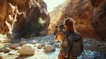 Traveler documenting their adventures with camera. Tourist exploring their travels in a picturesque photo