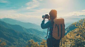 Traveler documenting their adventures with camera. Tourist exploring their travels in a picturesque photo
