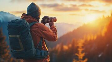Traveler documenting their adventures with camera. Tourist exploring their travels in a picturesque photo