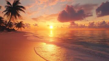 Stunning sunset over a calm beach scene. Warm golden light, relaxation photo
