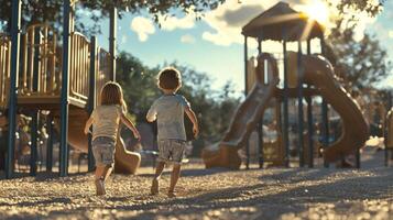 Happy children playing in a sunny playground. Colorful outdoor children playground photo
