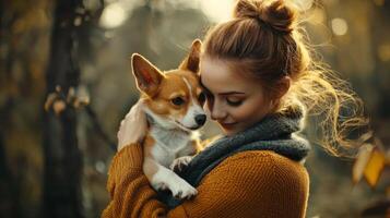 Pet owner with adorable animal in natural settings. Woman and dog photo