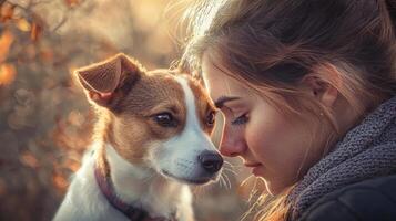Pet owner with adorable animal in natural settings. Woman and dog photo