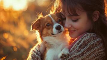 Pet owner with adorable animal in natural settings. Woman and dog photo