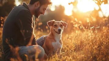 Pet owner with adorable animal in natural settings. Man and dog photo