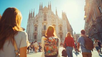 People traveling and exploring famous city landmarks. Tourists exploring the city photo