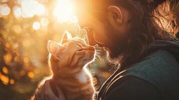 Pet owner with adorable animal in natural settings. Man holding cat in hands photo