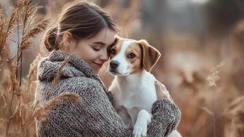 Pet owner with adorable animal in natural settings. Woman and dog photo