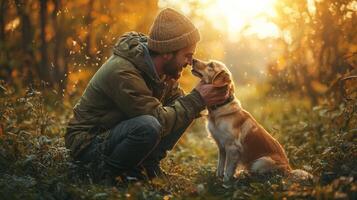 Pet owner with adorable animal in natural settings. Man and dog photo