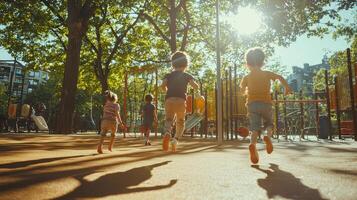 Happy children playing in a sunny playground. Colorful outdoor children playground photo