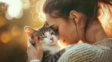 Pet owner with adorable animal in natural settings. Woman holding cat in hands photo