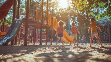 Happy children playing in a sunny playground. Colorful outdoor children playground photo