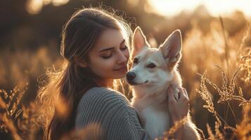 Pet owner with adorable animal in natural settings. Woman and dog photo