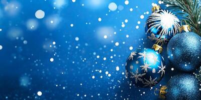 Merry Christmas and happy New Year blue background with space for text. Christmas greeting card photo
