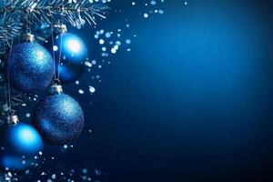 Merry Christmas and happy New Year blue background with space for text. Christmas greeting card photo