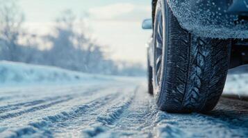 Close-up of car tires on snowy icy road, leaving tread marks in winter conditions photo