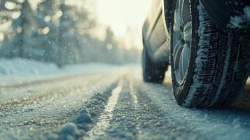 Close-up of car tires on snowy icy road, leaving tread marks in winter conditions photo