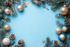 Merry Christmas and happy New Year blue background with space for text. Christmas greeting card photo