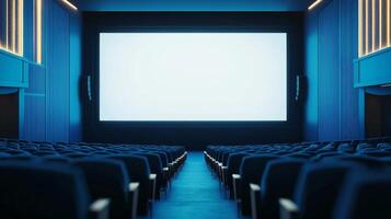 Empty cinema auditorium in blue color with white blank screen. Mockup of hall photo
