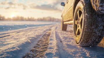 Close-up of car tires on snowy icy road, leaving tread marks in winter conditions photo