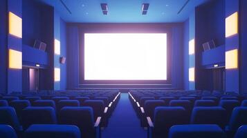 Empty cinema auditorium in blue color with white blank screen. Mockup of hall photo