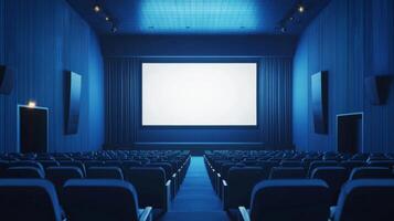 Empty cinema auditorium in blue color with white blank screen. Mockup of hall photo