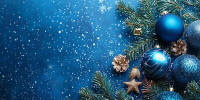 Merry Christmas and happy New Year blue background with space for text. Christmas greeting card photo