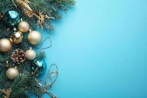 Merry Christmas and happy New Year blue background with space for text. Christmas greeting card photo