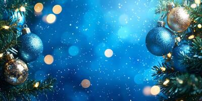 Merry Christmas and happy New Year blue background with space for text. Christmas greeting card photo