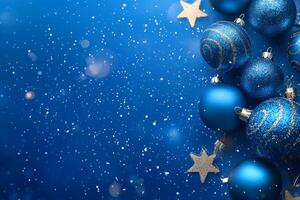 Merry Christmas and happy New Year blue background with space for text. Christmas greeting card photo