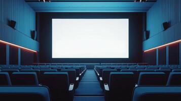 Empty cinema auditorium in blue color with white blank screen. Mockup of hall photo