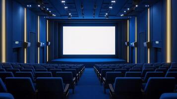 Empty cinema auditorium in blue color with white blank screen. Mockup of hall photo