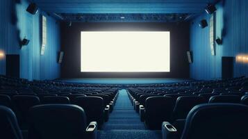 Empty cinema auditorium in blue color with white blank screen. Mockup of hall photo