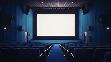 Empty cinema auditorium in blue color with white blank screen. Mockup of hall photo