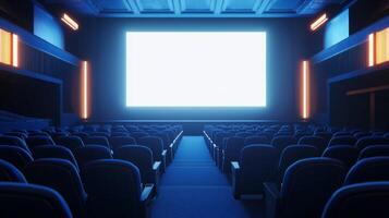 Empty cinema auditorium in blue color with white blank screen. Mockup of hall photo