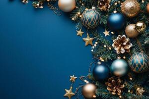 Merry Christmas and happy New Year blue background with space for text. Christmas greeting card photo
