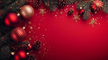 Merry Christmas and happy New Year red background with space for text. Christmas greeting card photo