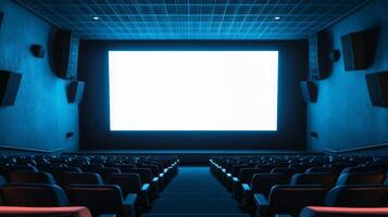 Empty cinema auditorium in blue color with white blank screen. Mockup of hall photo