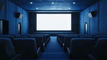Empty cinema auditorium in blue color with white blank screen. Mockup of hall photo