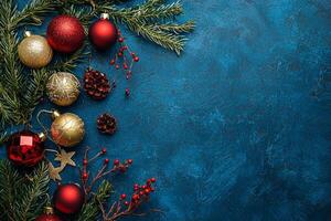 Merry Christmas and happy New Year blue background with space for text. Christmas greeting card photo