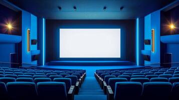 Empty cinema auditorium in blue color with white blank screen. Mockup of hall photo