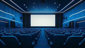 Empty cinema auditorium in blue color with white blank screen. Mockup of hall photo