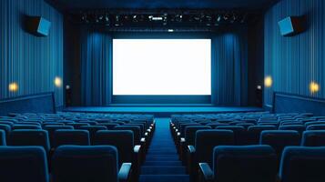 Empty cinema auditorium in blue color with white blank screen. Mockup of hall photo