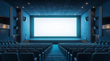 Empty cinema auditorium in blue color with white blank screen. Mockup of hall photo