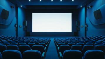 Empty cinema auditorium in blue color with white blank screen. Mockup of hall photo