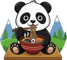 A cartoon panda eating noodles with chopsticks vector