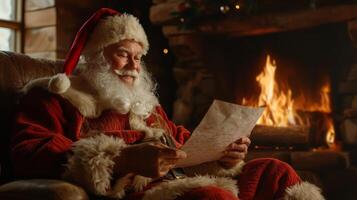 Santa Claus reads a letter with a wish list for Christmas at home near the fireplace photo