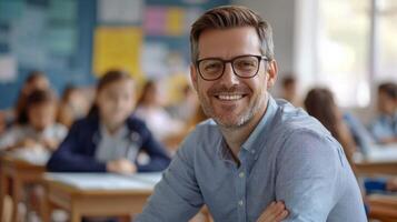 Portrait of smiling male teacher in a class at elementary school looking at camera photo