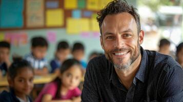 Portrait of smiling male teacher in a class at elementary school looking at camera photo