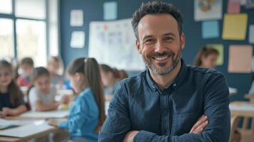 Portrait of smiling male teacher in a class at elementary school looking at camera photo